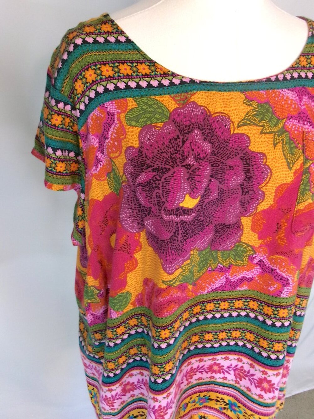 Rachel Roy 1X Boho Floral Patchwork Tunic Top Bright Festival Blouse Plus Size